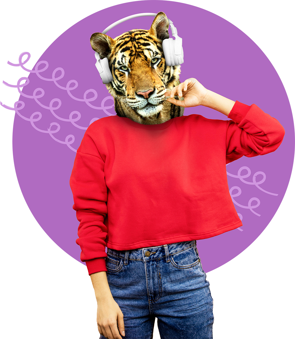 Tiger with headphones on in a human body.